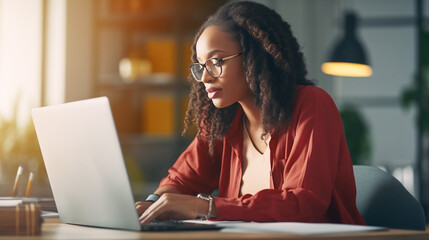 Young poc woman working at a laptop in an office. Professional at work