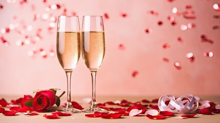 Valentine's Day concept using two champagne glasses elegantly arranged with splashes of red heart confetti on a soft pink background.