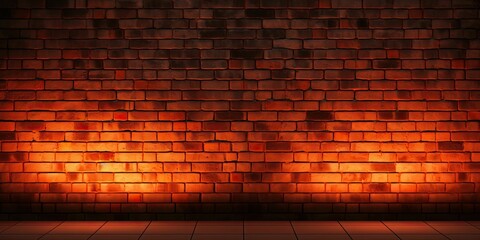 A brick wall illuminated from below with neon orange light 