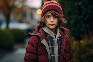 A portrait of a boy in a red jacket on the street.