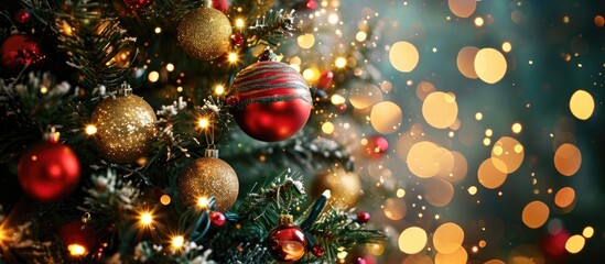 Festive decorations and lights on a Christmas tree create a joyful atmosphere and excitement for celebration and gifts.