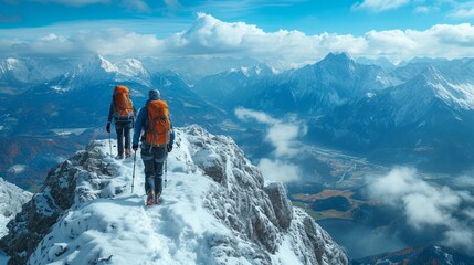 Group of people climbing, hiking up a high mountain, Reach the top of the mountain - obrazy, fototapety, plakaty