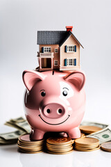 Piggy bank with a house on top of a pile of coins