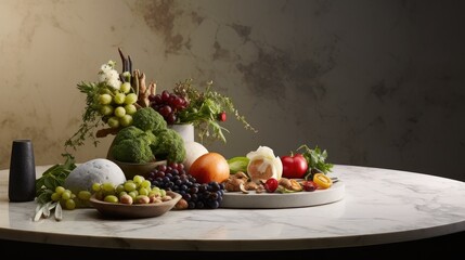 a marble stone stand on a kitchen table, adorned with various food ingredients, designed with a minimalist modern style composition or scene.