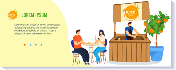 Obraz premium Man and woman enjoying fresh juice at a cafe, bartender pouring drinks. People drinking healthy beverages, socializing in a modern juice bar vector illustration.
