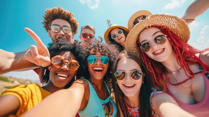 Multiracial selfie with friends walking on city street, young people having fun, teenagers laughing at camera, friendship and tourism concept - obrazy, fototapety, plakaty