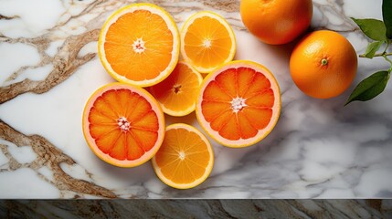 fresh orange cross sections on a cutting board, placed on a marble counter, designed with a minimalist modern style composition or scene.