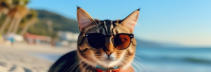 Cat wearing sunglasses relaxing in the sea background. Cute cat wearing sunglasses on sandy beach near sea. Summer vacation with pet