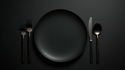 An empty black plate with black cutlery on a noble black table, photographed from above, food photography - obrazy, fototapety, plakaty