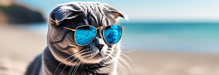 Cat wearing sunglasses relaxing in the sea background. Cute cat wearing sunglasses on sandy beach near sea. Summer vacation with pet