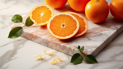 Obraz na płótnie Canvas fresh orange cross sections on a cutting board, placed on a marble counter, designed with a minimalist modern style composition or scene.