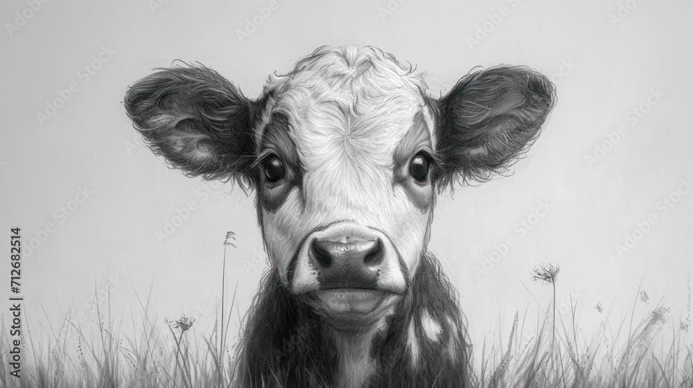 Wall mural a black and white photo of a cow's face in a field of tall grass with a gray sky in the background a