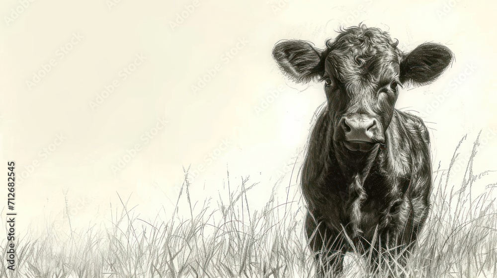 Poster  a black and white photo of a cow standing in a field of tall grass, looking at the camera with a curious look on its face, while looking at the camera.