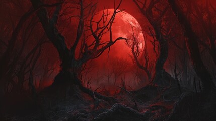 Fantasy landscape with blood moon in the forest.. A haunted forest under the eerie glow of a blood-red moon. Distorted shadows and skeletal branches create a sense of impending doom. - obrazy, fototapety, plakaty