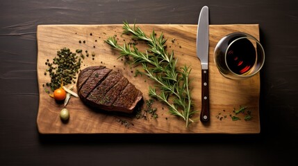 sliced grilled cooked beef steak medium rare on a wooden board, including a vintage fork, glass of wine and gourmet herbs and spices to complement the culinary aesthetic.
