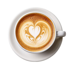 Cup of coffee photographed from above, latte art, heart, isolated 