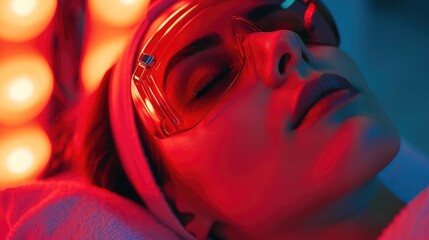 A woman undergoes LED infrared therapy to cleanse her skin and fight aging at a spa resort.