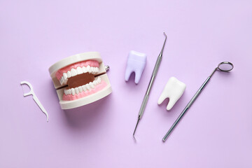 Dental tools, floss toothpick, tooth and jaw models on lilac background. World Dentist Day