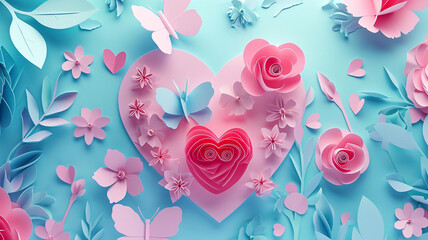 blue background with pink heart and flowers
