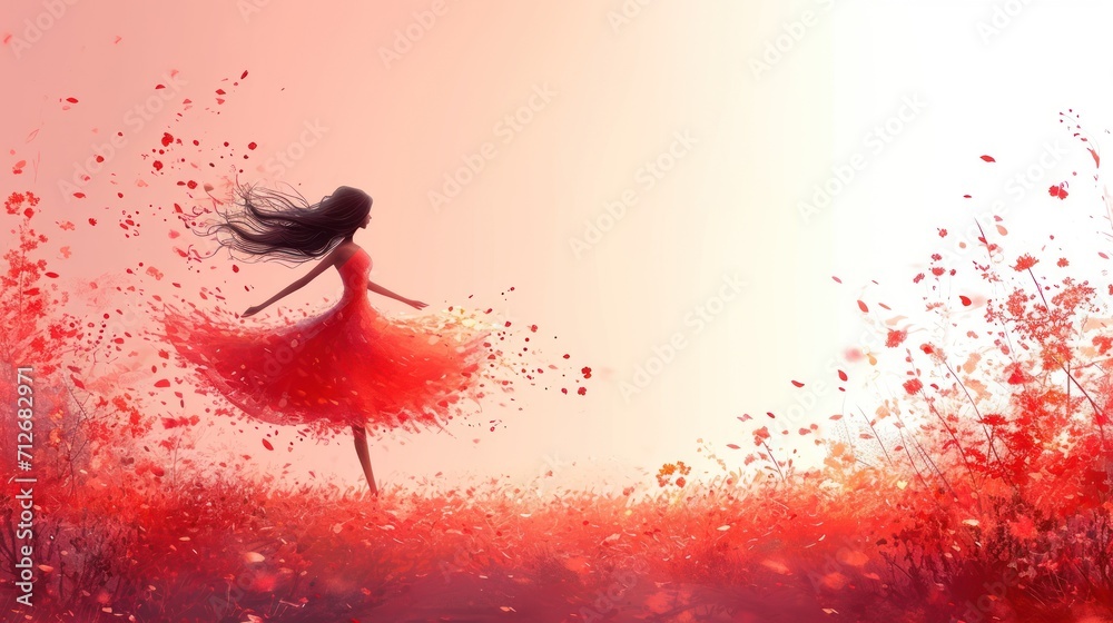 Poster  a painting of a woman in a red dress in a field of flowers, with her hair blowing in the wind, in front of a pink and yellow sky.