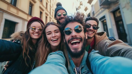 Multiracial selfie with friends walking on city street, young people having fun, teenagers laughing at camera, friendship and tourism concept