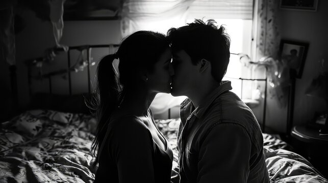 A black and white close-up shot of a young couple, capturing an intimate moment as the man kisses the woman.