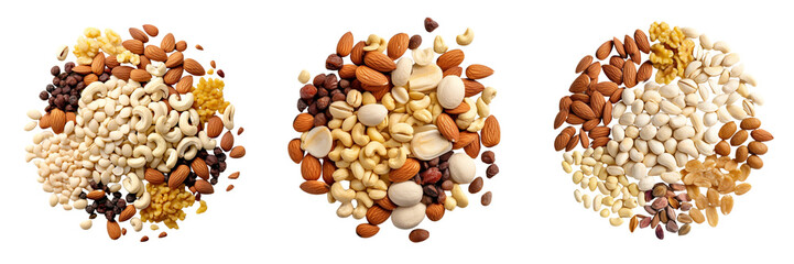 Set of mix dry food top view isolated on a transparent background