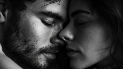 A black and white close-up shot of a young couple, capturing an intimate moment as the man kisses the woman.