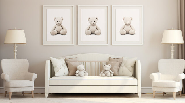 Nursery room - stock photo Nursery room decorated with white elegant furniture . Artworks on the walls are my own illustrations Similar image , Generate AI