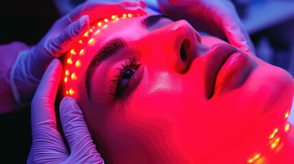 A woman undergoes LED infrared therapy to cleanse her skin and fight aging at a spa resort. - obrazy, fototapety, plakaty