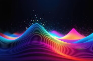 Fototapeta na wymiar A wave of bright multicolored blue, red, and yellow particles. Visualization of sound and music.