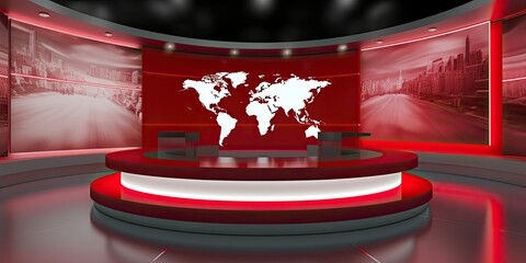 Modern red TV News Studio, world map in the background on a screen