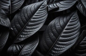 Textures of abstract black leaves for tropical leaf background. Flatlay, dark nature concept, tropical leaf