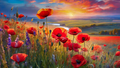 Impresyjny obraz, górzysty krajobraz z kwiatami czerwonych maków