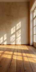 Obraz premium Leerer Raum aus weißem Beton mit Holzböden