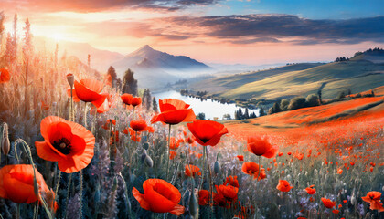 Impresyjny obraz, górzysty krajobraz z kwiatami czerwonych maków - obrazy, fototapety, plakaty