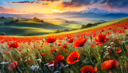 Impresyjny obraz, górzysty krajobraz z kwiatami czerwonych maków - obrazy, fototapety, plakaty