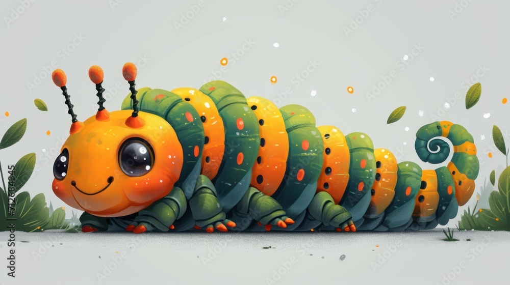 Canvas Prints  an orange and green caterpillar sitting on top of a leafy green grass covered field next to a leafy green and yellow plant with a spiral on it's tail.