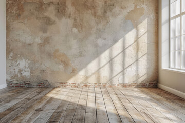 Leerer Raum aus wei&szlig;em Beton mit Holzb&ouml;den