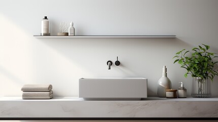 a bathroom with a marble counter table top, suitable for showcasing products in a minimalist modern style.