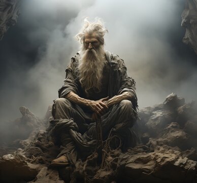 An old man sits on a rock in a cave