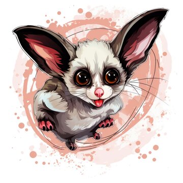  a drawing of a small animal with big ears and big eyes, sitting on a pink circle with a splott of watercolor paint behind it, on a white background.