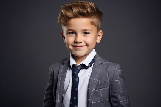 Portrait of a cute little boy in a suit. Studio shot.