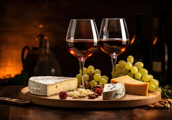 Cheese board, grapes, nuts and red wine