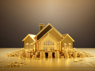 Gold real estate house investment property business on a golden background design. - obrazy, fototapety, plakaty