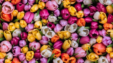 Fototapeta na wymiar fresh and colorful tulips, creating a vibrant spring background. Infuse a sense of romance and elegance reminiscent of Valentine's Day. SEAMLESS PATTERN. SEAMLESS WALLPAPER.