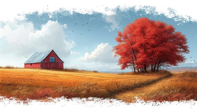 a painting of a red barn in the middle of a field, surrounded by lush green grass and tall trees The sky is filled with white, fluffy clouds, creating a peaceful a