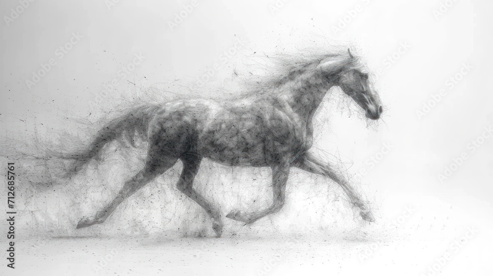 Poster  a black and white photo of a horse with a blurry image of it's head and tail in the foreground and a white background with a black and white background.