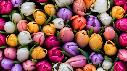 Fototapeta na wymiar fresh and colorful tulips, creating a vibrant spring background. Infuse a sense of romance and elegance reminiscent of Valentine's Day. SEAMLESS PATTERN. SEAMLESS WALLPAPER.