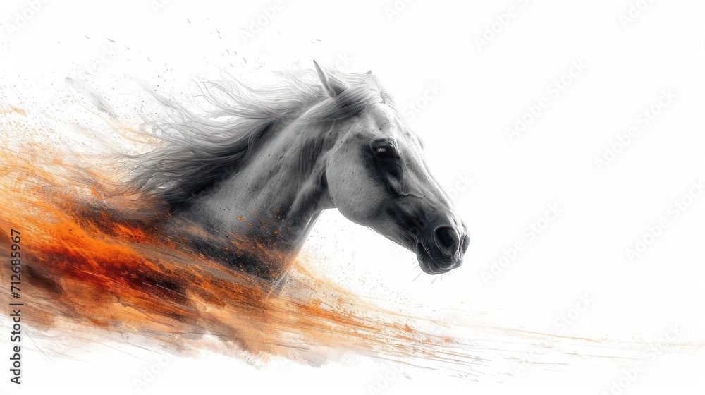 Poster  a painting of a white horse with orange and black streaks on it's face and tail, with a white background and a white sky in the foreground.